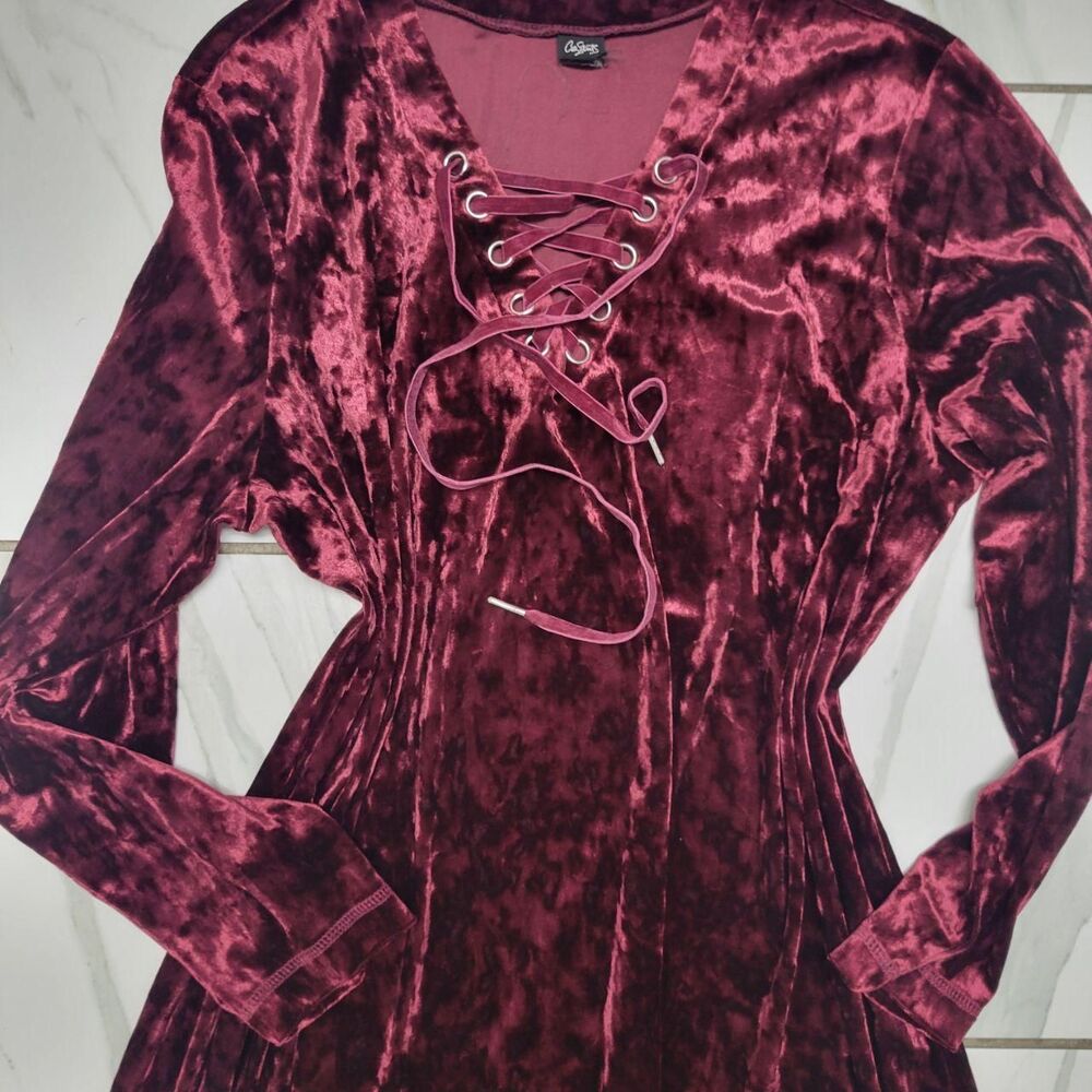 Burgundy Crushed Velvet Lace Up Mini Dress Fairycore Whimsigoth Gothic - Picture 2 of 5